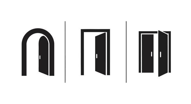 Minimalist black door icons: modern open doorway symbols in flat style