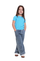 Portrait of cute little girl on white background