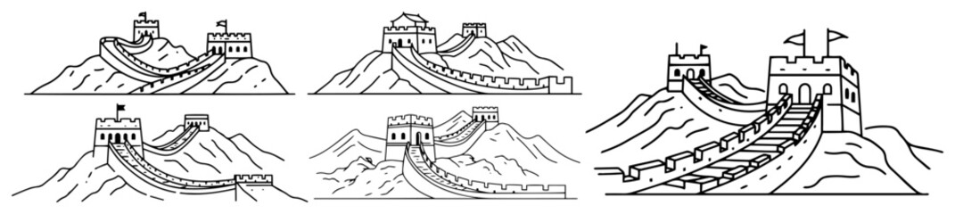 Great Wall of China line art icon set Hand drawn Chinese landmark collection for travel design Vector illustration