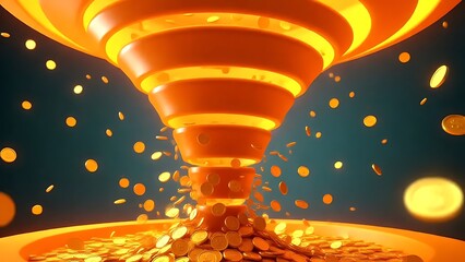 A bright 3D orange funnel icon releasing multiple flying gold coins, rendered with smooth glossy surfaces, clean reflections, and a modern digital style. Vibrant, high-detail composition .