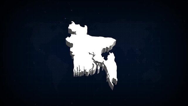 BANGLADESH map, country territory outline self drawing animation. 3D white map blue background.