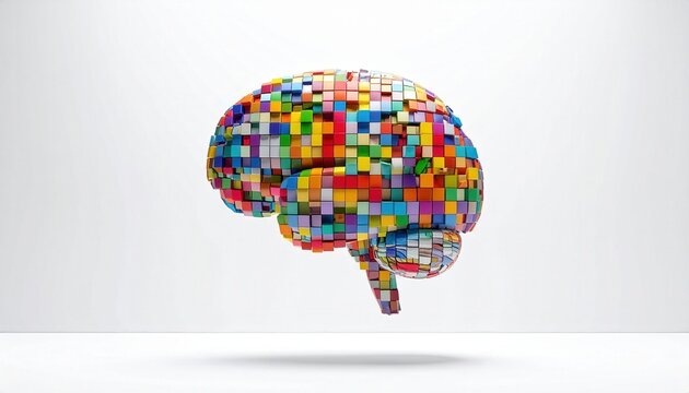 Colorful Cubed Brain Sculpture Floating Against a White Background