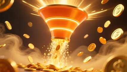 A bright 3D orange funnel icon releasing multiple flying gold coins, rendered with smooth glossy surfaces, clean reflections, and a modern digital style. Vibrant, high-detail composition .