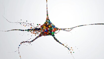 Abstract Representation of a Neuron Composed of Colorful Cubes and Thin Lines on a White Background