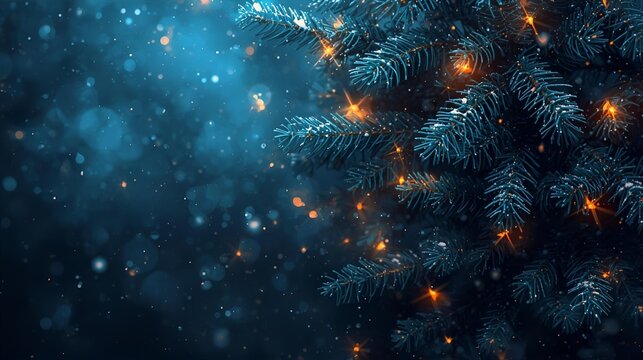 Close up of christmas tree branches with small orange lights and falling snow effect