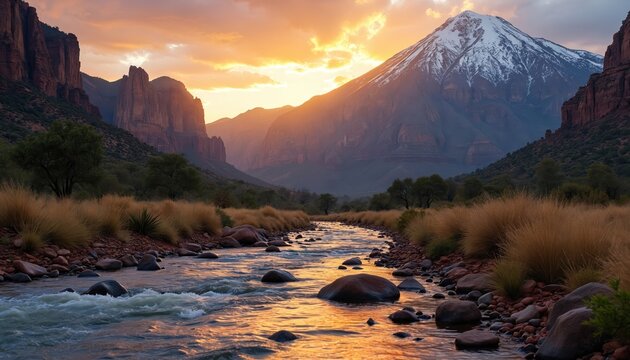 Majestic snow capped mountain looms over canyon river at golden hour. Red rock cliffs line waterway with dry grass and boulders. Nature landscape scene during twilight.