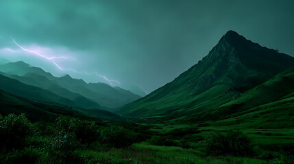 High Dynamic Range Night Landscape Of Calm Mountain Peak With Distant Cracking Lightning
