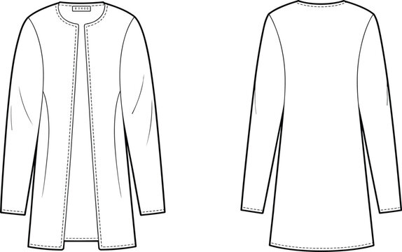 Technical fashion flat sketch of long sleeve coat, front and back view, minimal design, round neck, garment construction, pattern making illustration