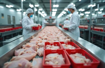 Workers in uniform sort raw chicken parts on a conveyor belt in a sterile processing plant. Meat products move along an industrial line in red plastic containers. Modern food manufacturing facility.