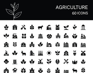 Agriculture farming and horticulture technology concept with black glyph icons set, minimal symbols collection of organic food production and sustainable industry.