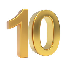 Luxury golden metallic three-dimensional number ten, digitally rendered as a premium and isolated numerical object