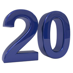 Glossy royal blue three-dimensional number twenty, digitally rendered as an isolated and prominent numerical object