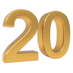Luxury golden metallic three-dimensional number twenty, digitally rendered as a premium and isolated numerical object