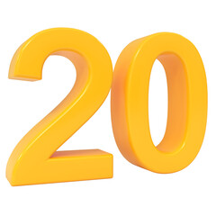 Bright yellow 3D rendering of the bold number twenty isolated against a neutral background