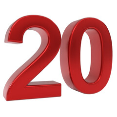 Bold red glossy three-dimensional number twenty, digitally rendered as a significant isolated numerical object