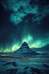 A mountain with a green glow in the sky