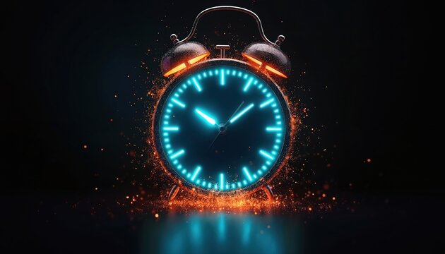 Futuristic alarm clock with glowing blue neon face, hands. Fiery orange embers, hot sparks burn around watch on dark background. Abstract concept of deadline, urgency, passing time with reflection.