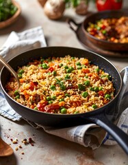 Eine farbenfrohe Pfanne mit Reis, vermischt mit grünen Erbsen und gewürfelten roten Paprikaschoten, garniert mit Kräutern.