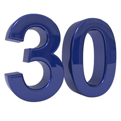 Glossy royal blue three-dimensional number thirty, digitally rendered as an isolated and prominent numerical object