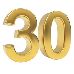 Luxury golden metallic three-dimensional number thirty, digitally rendered as a premium and isolated numerical object
