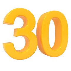 Bright yellow glossy three-dimensional number thirty, digitally rendered as a large and isolated numerical object