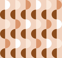Retro geometric pattern with a wavy design using semi-circles and vertical lines. The color palette consists of warm, earthy tones, various shades of orange, brown, and a light, cream background.