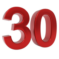 Bold red glossy three-dimensional number thirty, digitally rendered as a significant isolated numerical object