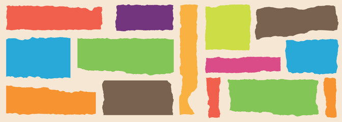 Torn sheets of paper. Colorful ripped paper frame. Collage craft shape and torned sheets. Ripped edge borders for scrapbook, design layouts. Vector textures silhouettes background.