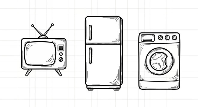 Vintage style sketch of retro appliances: television, refrigerator, washing machine