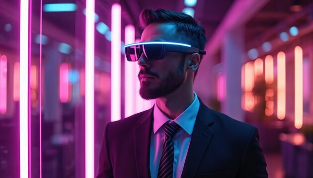 Stylish man wears smart glasses with neon light. He looks away in futuristic office with purple and pink lights. Businessman in suit and tie appears modern and tech-savvy.