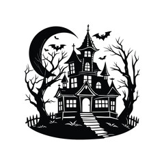 Haunted Halloween House Silhouette with Spooky Trees and Bats