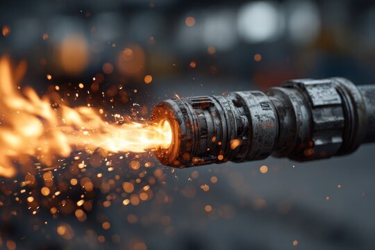 Dynamic close-up of gas welding torch with sparks and flames, symbolizing industrial manufacturing, craftsmanship, and metal fabrication processes
