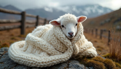 Sweet little white baby lamb snuggled in warm chunky knitted wool blanket. Young sheep rests on mossy ground. Rural fence, mountain range form natural background. Fluffy farm animal looks cute, cozy,
