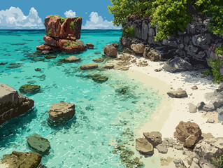 Sandy beach with rock art