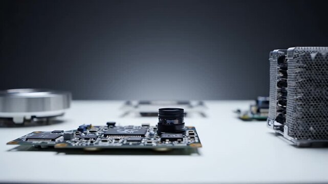 Computer Hardware Disassembled on White Surface with Silver Cylindrical Object and Dark Background in Soft Lighting Tech Concept