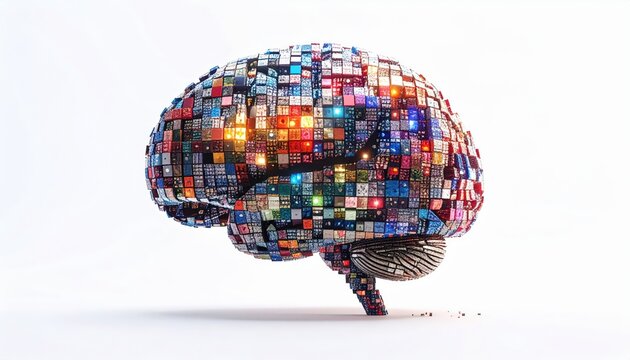 Digital Brain Sculpture Composed of Colorful Glowing Squares Representing Data and Technology