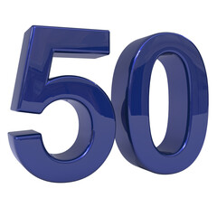 Glossy royal blue three-dimensional number fifty, digitally rendered as an isolated and prominent numerical object