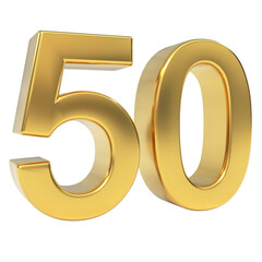 Luxury golden metallic three-dimensional number fifty, digitally rendered as a premium and isolated numerical object