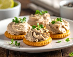 Delicate p?t? topped crackers served with fresh greens and seasoning.