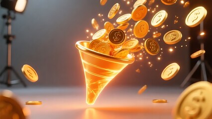 A bright 3D orange funnel icon releasing multiple flying gold coins, rendered with smooth glossy surfaces, clean reflections, and a modern digital style. Vibrant, high-detail composition .