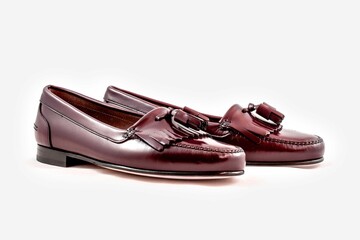Classic leather shoes in a white background. Brown moccasins with tassel.
