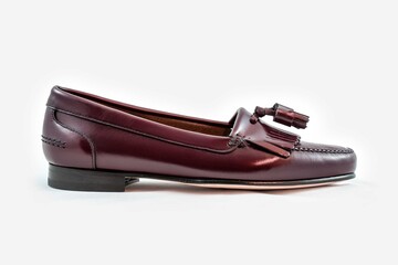 Classic leather shoes in a white background. Brown moccasins with tassel.