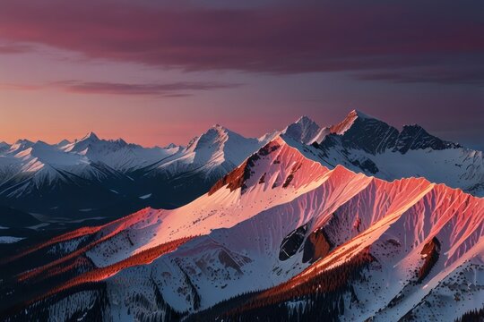 Majestic snowcapped mountain range bathed in the warm, vibrant hues of a breathtaking sunset