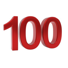Bold red glossy three-dimensional number one hundred, digitally rendered as a significant isolated numerical object