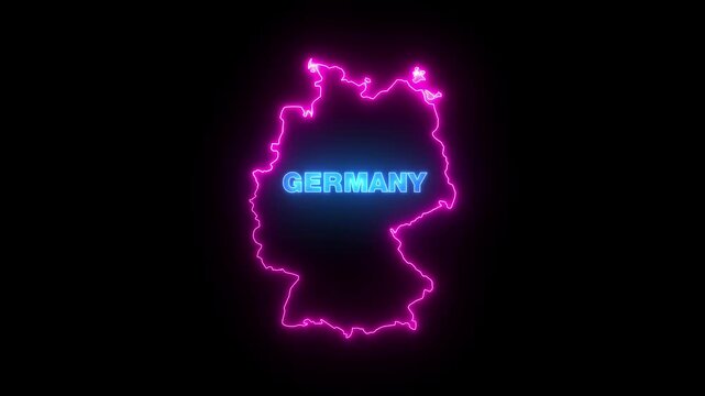 Glowing neon GERMANY map, black Background Effect 4K Video. glowing neon text animation.