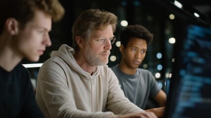 Senior group collaborating on robotics project surrounded by digital screens and coding interfaces, showcasing empowerment through learning, innovation at any age, and senior participation in