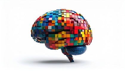 Abstract Multi colored Cubes Forming a Stylized Brain Sculpture on White Background