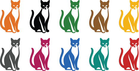 Stylized cats sitting in different colors on white background, Colorful feline silhouettes