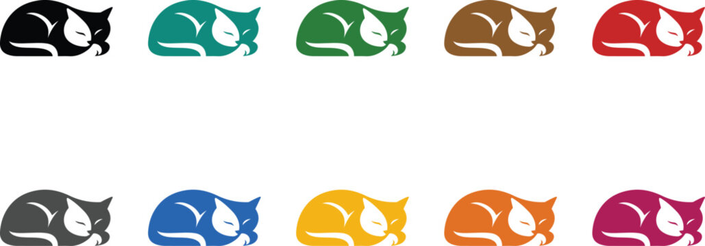 Sleeping cats in various colors on white background, Colorful dreaming cat icons