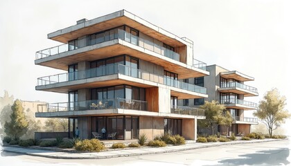 Obraz premium Architectural concept sketches show modern multi-story building design with balconies and glass walls. Artistic draft details residential structure blueprints. Watercolor and ink illustration.